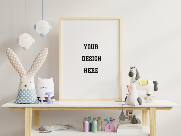 PSD mock up poster in child room interior with toys