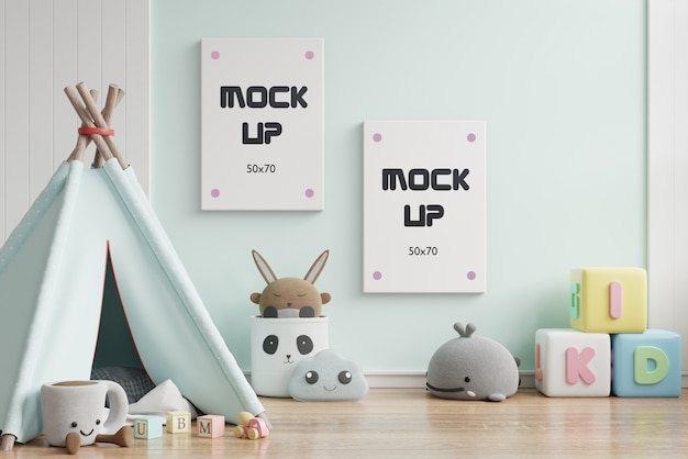 Mock up poster frame in children room 3d rendering