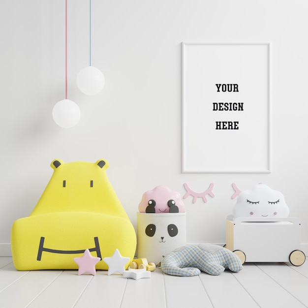 Mock up poster frame in children room,kids room,nursery mockup,White wall,3d rendering