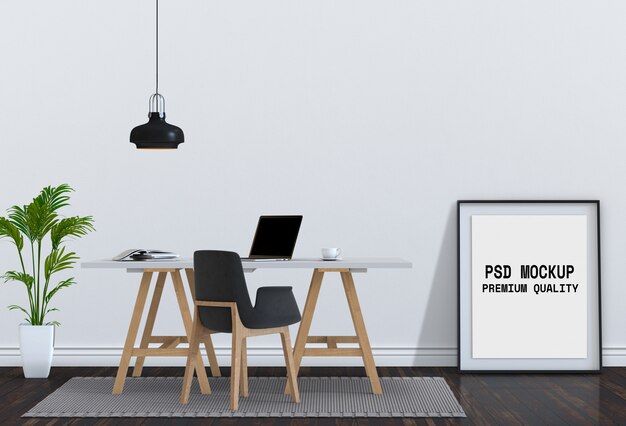 PSD mock up poster frame and desk laptop computer. 3d render.