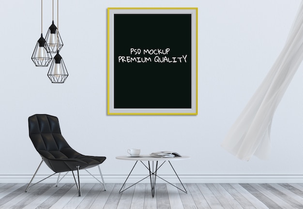 인테리어 거실과 의자에 포스터 프레임을 조롱, 3d 렌더링