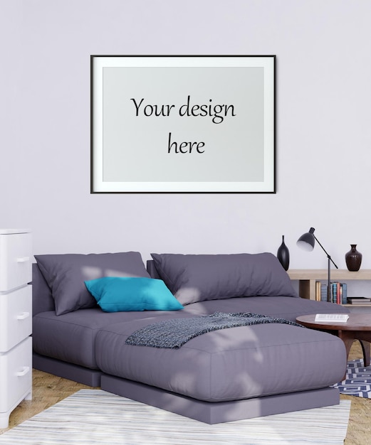 PSD mock up poster frame in interior. 3d