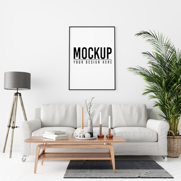 Mock up poster frame interior background with furniture and decoration