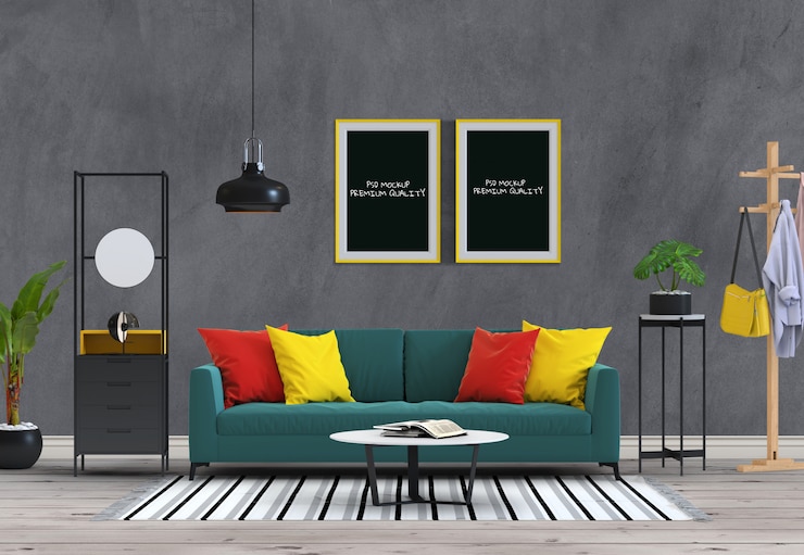PSD mock up poster frame in interior living room and sofa, 3d render