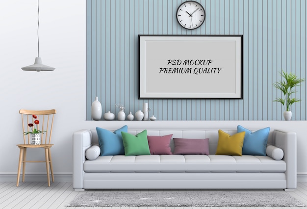 Mock up poster frame in interior living room and sofa, 3d render