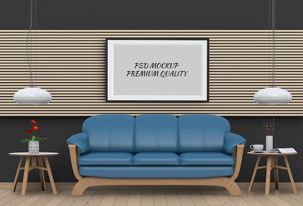 PSD mock up poster frame in interior living room and sofa, 3d render