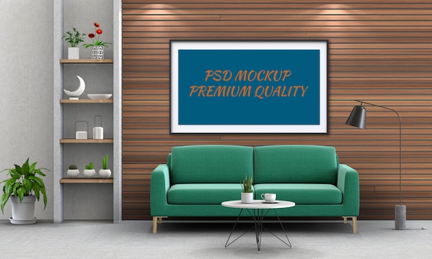 Mock up poster frame in interior living room and sofa, 3D render