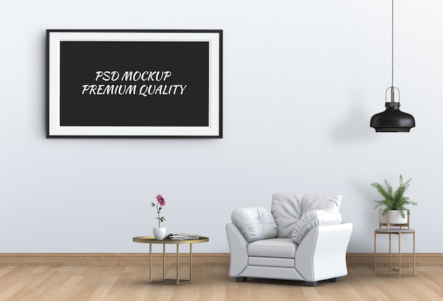 Mock up poster frame in interior living room and sofa, 3D render