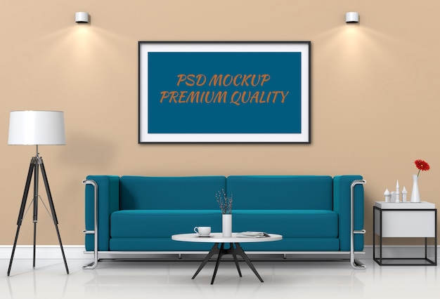 Mock up poster frame in interior living room and sofa, 3D render