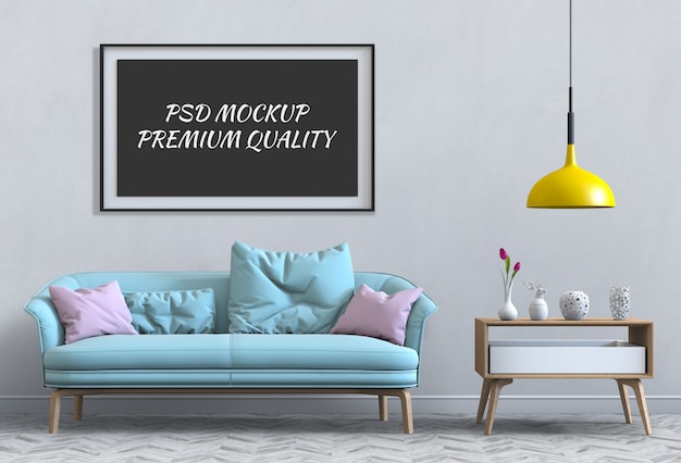 Mock up poster frame in interior living room and sofa