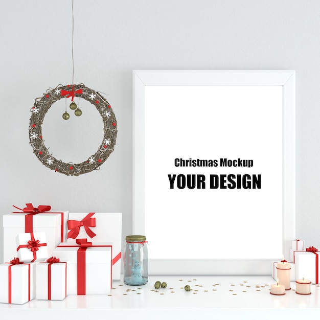 PSD mock up poster frame in interior scandinavian christmas and winter decoration