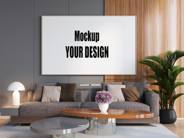 Mock up poster frame in modern interior background living room scandinavian 3d render