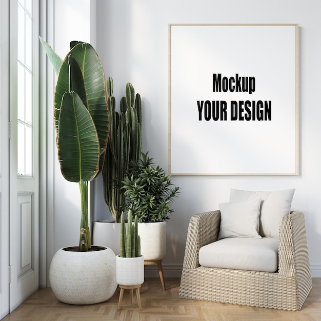 Mock up poster frame in modern interior background, living room, scandinavian style, 3d render