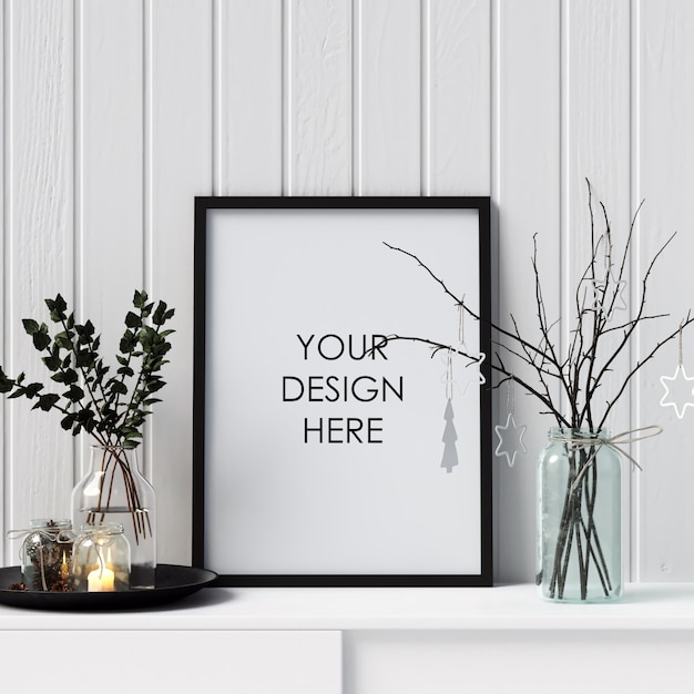 PSD mock up poster frame with christmas decoration