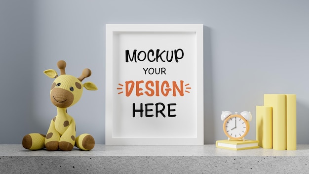 PSD mock up poster frame con simpatica bambola giraffa per un rendering 3d di baby shower