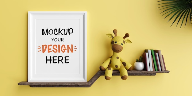 Mock up poster frame con simpatica bambola giraffa per un rendering 3d di baby shower