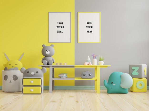 PSD Макет рамок для постеров в детской комнате на желтой подсветке и серой стене
