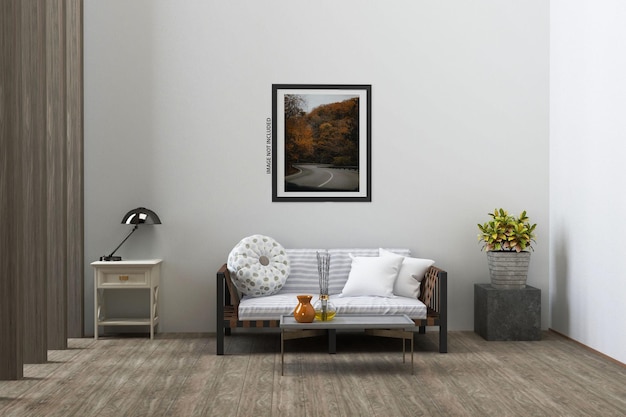 PSD mock up poster in moderne woonkamer interieur met lege muur