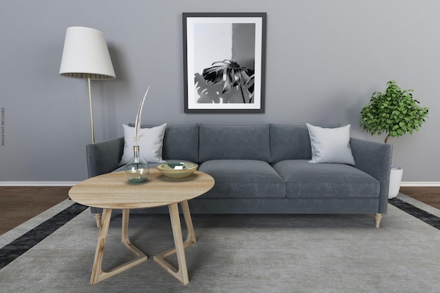 PSD mock up poster in moderne woonkamer interieur met lege muur