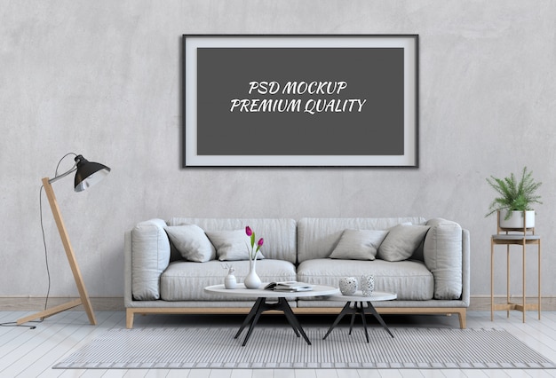 Mock up posterframe in interieur woonkamer en sofa