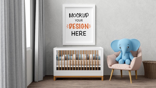 Mock-up posterframe met schattige olifantenpop voor een babyshower 3d-rendering