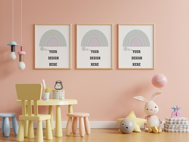 Mock up posters in child room interior, posters on empty pink color wall background,3D rendering