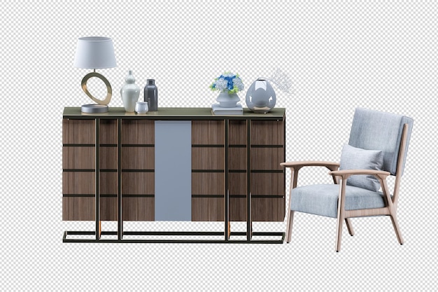 Mock up skap i moderne stue med skinnlenestol og plantelampe på hvit veggbakgrunn