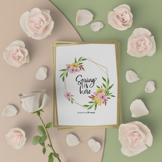 PSD mock-up spring card with 3d blooming flowers