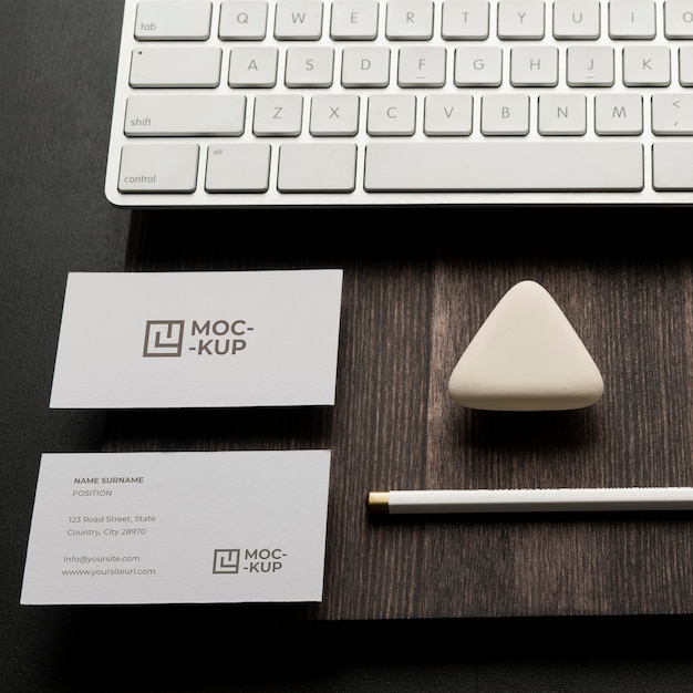 PSD mock-up stationery on wood arrangement