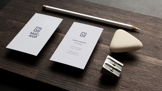 PSD mock-up stationery on wood arrangement