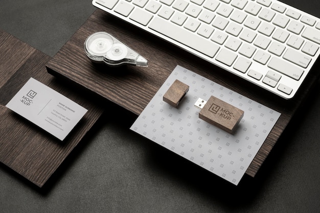 PSD mock-up stationery on wood assortment