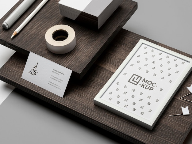 Mock-up stationery on wood composition