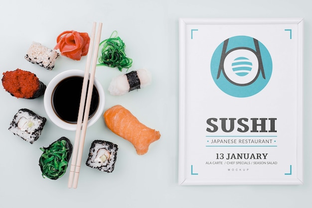 Mock-up sushi rolls with soya sauce and frame