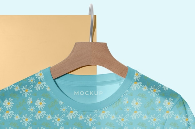 Mock-up t-shirt hanging on wooden hanger