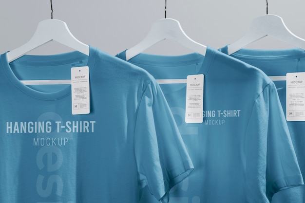 Mock-up t-shirt with tag hanging on wooden hanger