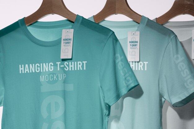 Mock-up t-shirt with tag hanging on wooden hanger