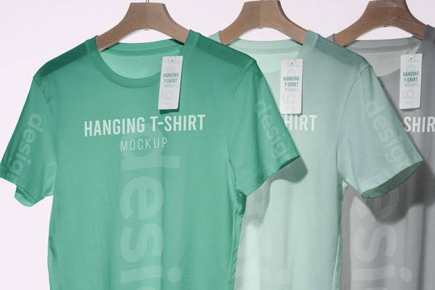 PSD mock-up t-shirt with tag hanging on wooden hanger