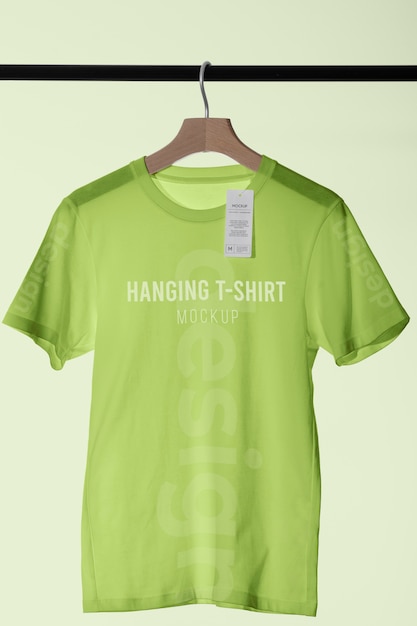 Mock-up t-shirt with tag hanging on wooden hanger