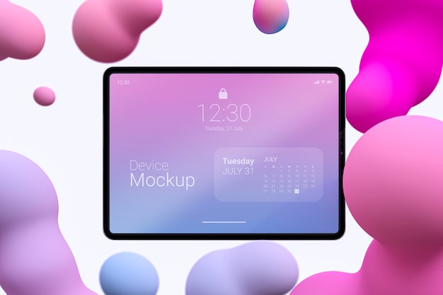 PSD composizione tablet mock-up con elementi dinamici liquidi