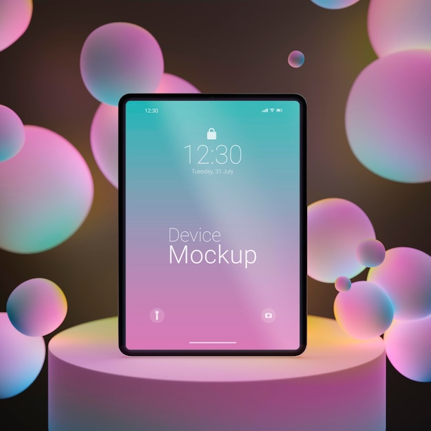 Composizione tablet mock-up con elementi dinamici liquidi