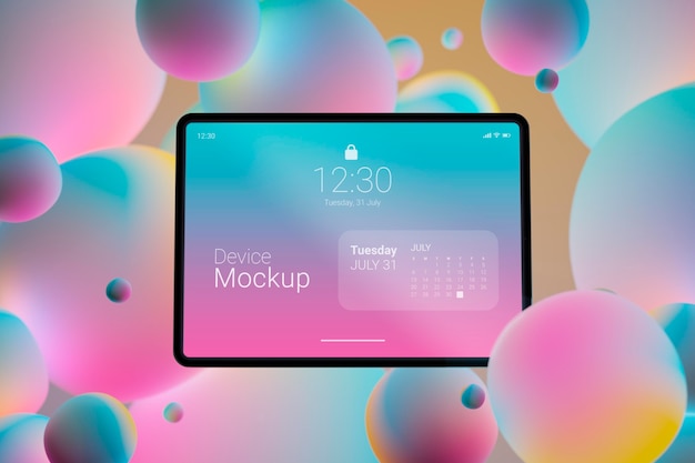 Composizione tablet mock-up con elementi dinamici liquidi