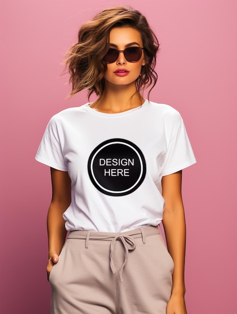 PSD mock up tshirt woman pink background