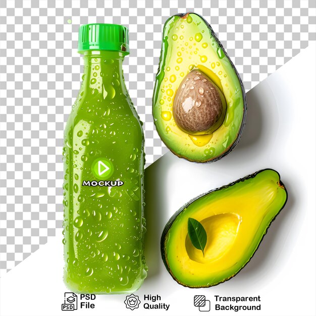 PSD mock-up van een fles met biologisch avocado sap met een doorzichtige achtergrond
