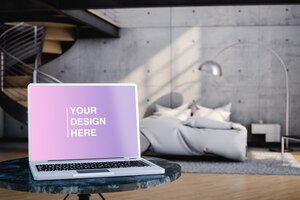 Mock up van laptop boven tafel in lichte stijlvolle slaapkamer 3d render