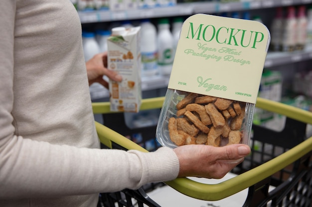 PSD mock-up van veganistische voedselverpakkingen in supermarkten