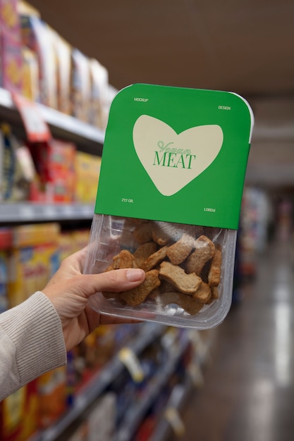 PSD mock-up van veganistische voedselverpakkingen in supermarkten