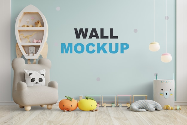 PSD mock up wall in the children's room in blue color wall  .3d rendering