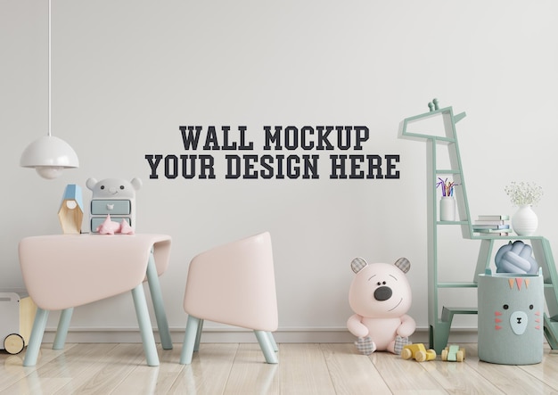 PSD mock up wall in the children's room with pink sofa in light white color wall