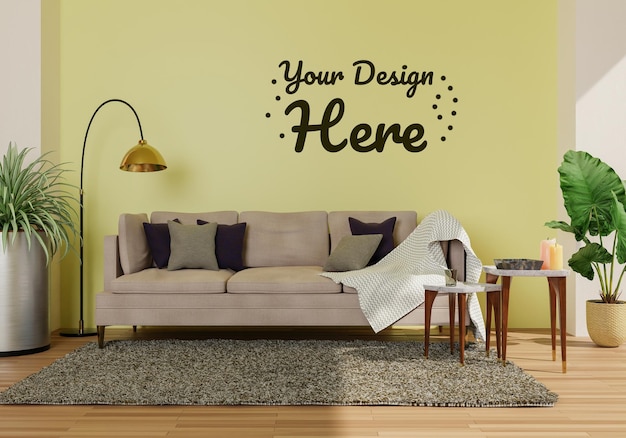 Mock up a wall with sofa living room with a yellow copy space 3d rendering