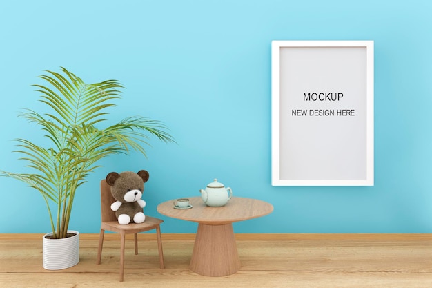 Mock up white picture frame in a kid playroom 3d rendered image